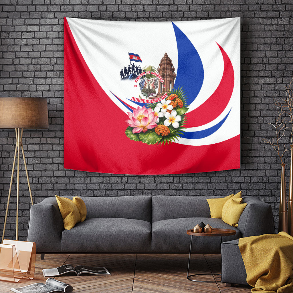 Kingdom Of Cambodia Independence Day Tapestry Angkor Wat Monument Floral Flag