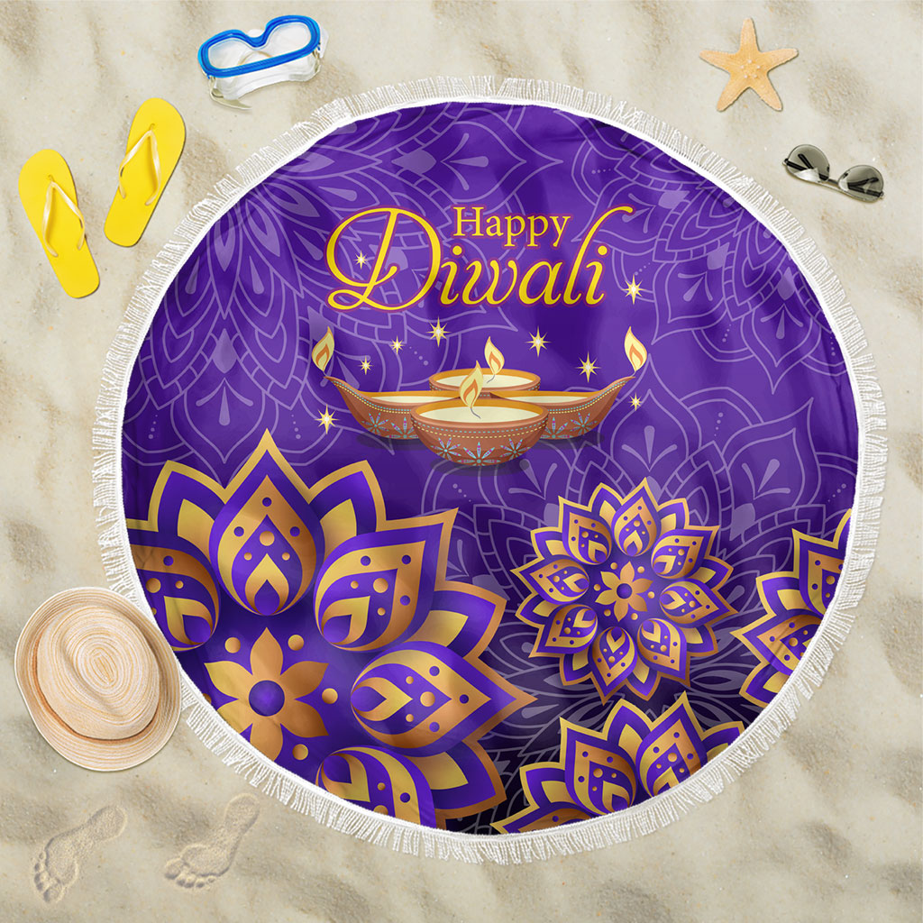 Happy Diwali Diya Lamp Beach Blanket Gold Mandala Festival Of Lights Ornate Indian Cultural