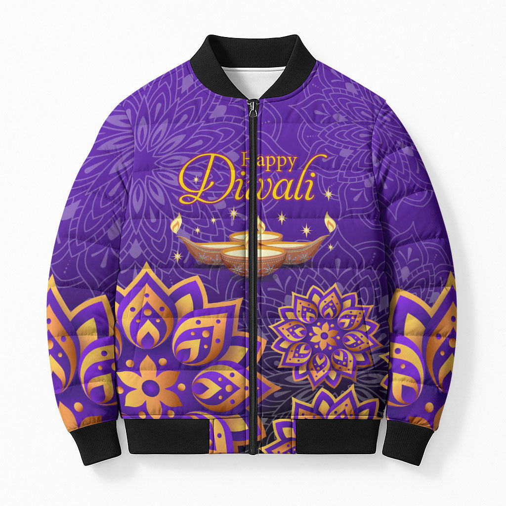Happy Diwali Diya Lamp Bomber Puffer Jacket Gold Mandala Festival Of Lights Ornate Indian Cultural