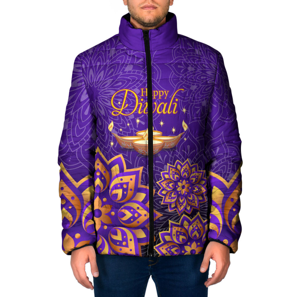 Happy Diwali Diya Lamp Padded Jacket Gold Mandala Festival Of Lights Ornate Indian Cultural