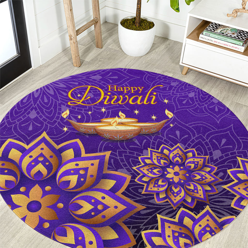 Happy Diwali Diya Lamp Round Carpet Gold Mandala Festival Of Lights Ornate Indian Cultural