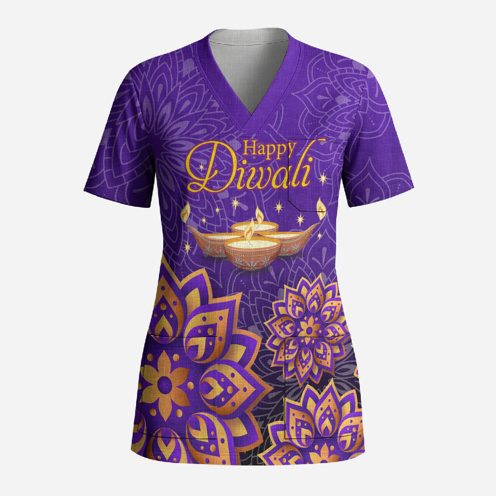 Happy Diwali Diya Lamp Scrub Top Gold Mandala Festival Of Lights Ornate Indian Cultural
