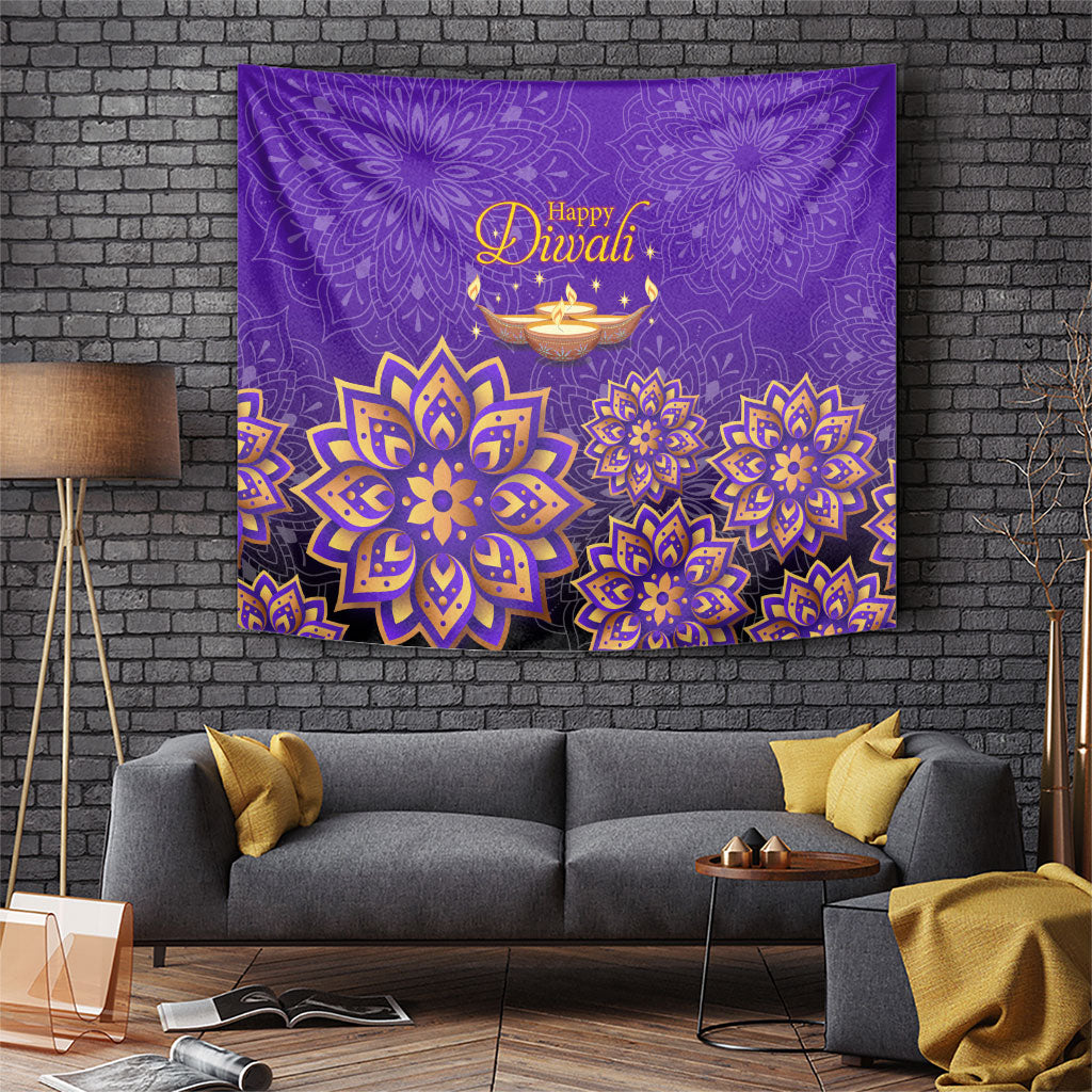 Happy Diwali Diya Lamp Tapestry Gold Mandala Festival Of Lights Ornate Indian Cultural