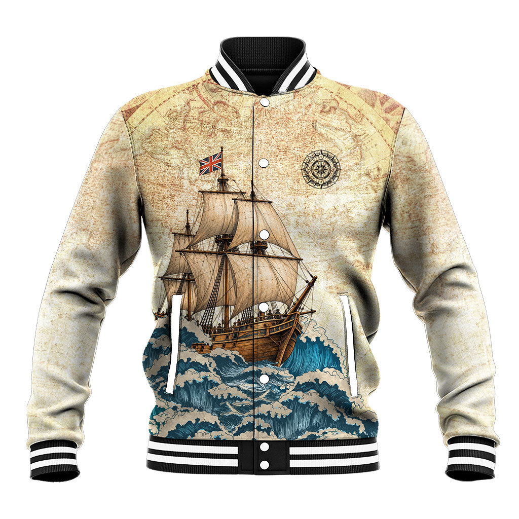Mayflower Descendant Ship Baseball Jacket Vintage Nautical Map Ocean Waves