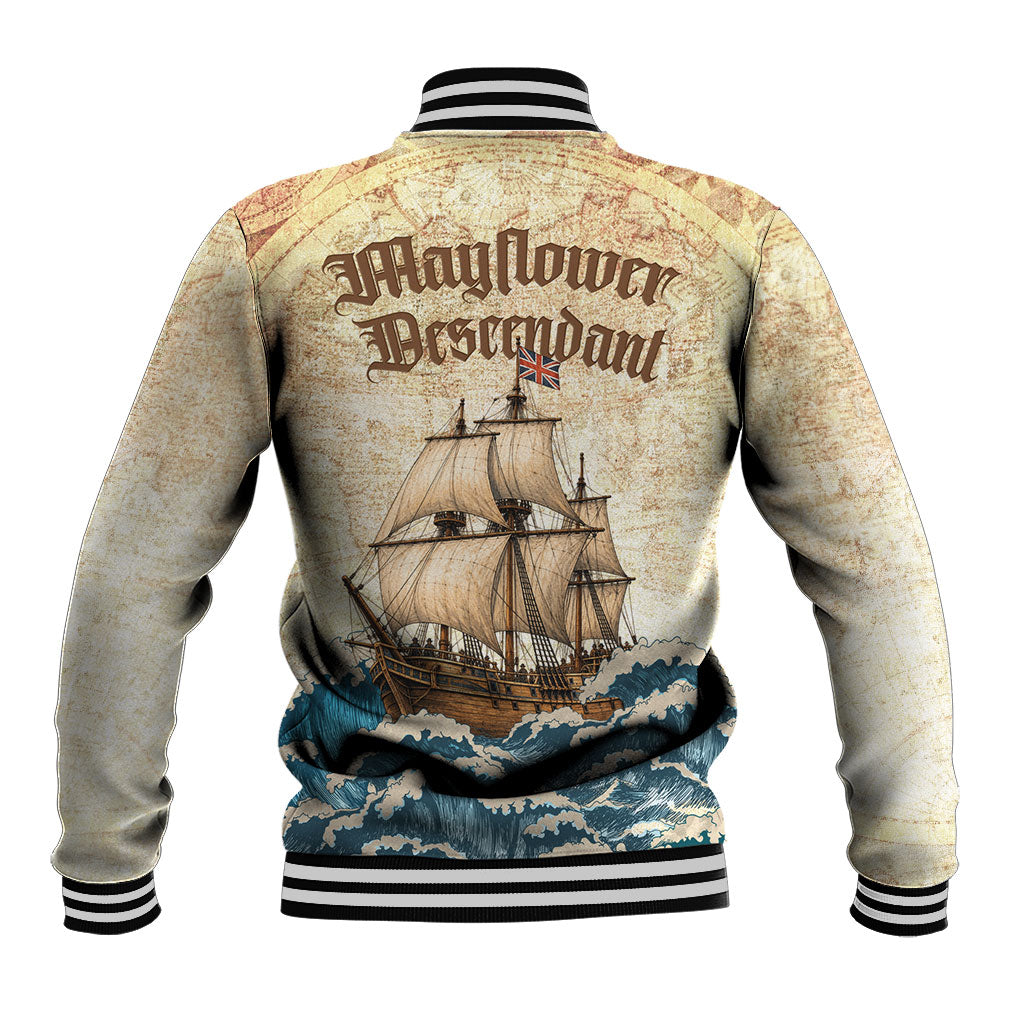Mayflower Descendant Ship Baseball Jacket Vintage Nautical Map Ocean Waves