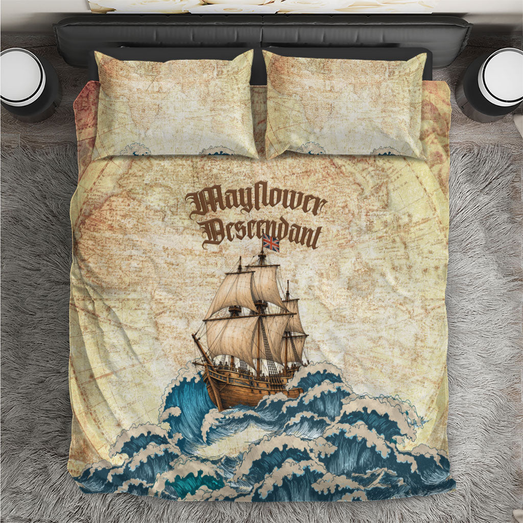 Mayflower Descendant Ship Bedding Set Vintage Nautical Map Ocean Waves