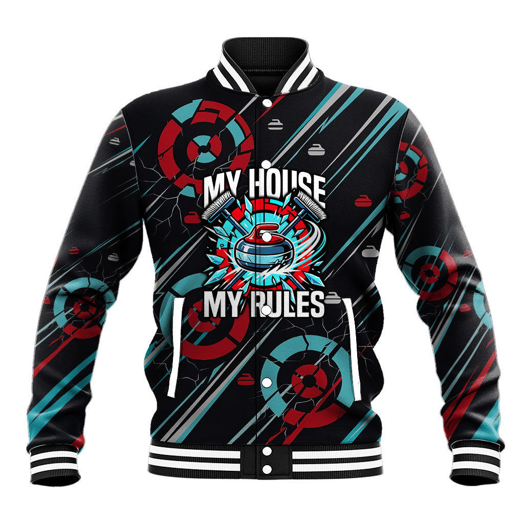 Curling My House My Rules Hurry Hard Baseball Jacket Vintage Retro Curling Sweep Slide Repeat Sports Quote