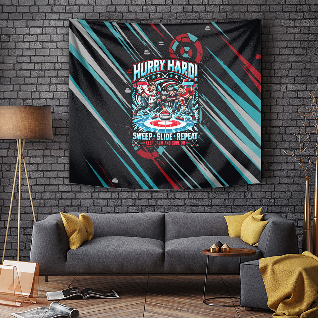 Curling My House My Rules Hurry Hard Tapestry Vintage Retro Curling Sweep Slide Repeat Sports Quote