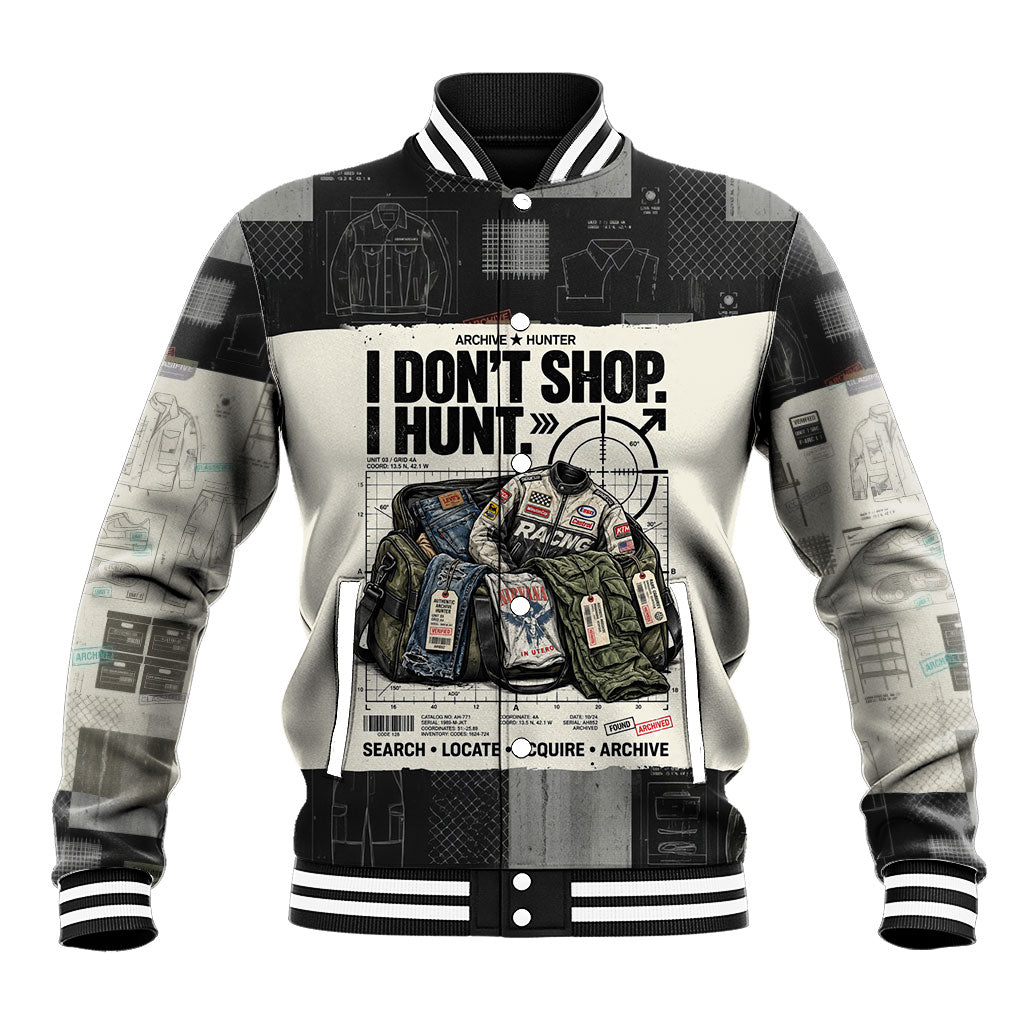 Archive Hunter I Don't Shop I Hunt Baseball Jacket Vintage Streetwear Fashion Tactical Collage Graphic Quote