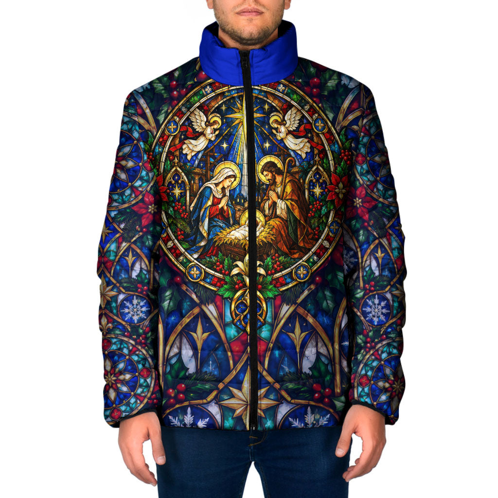 Nativity Scene Holy Night Angel Christmas Padded Jacket Stained Glass Art Christian Religious Faith Cathedral Window