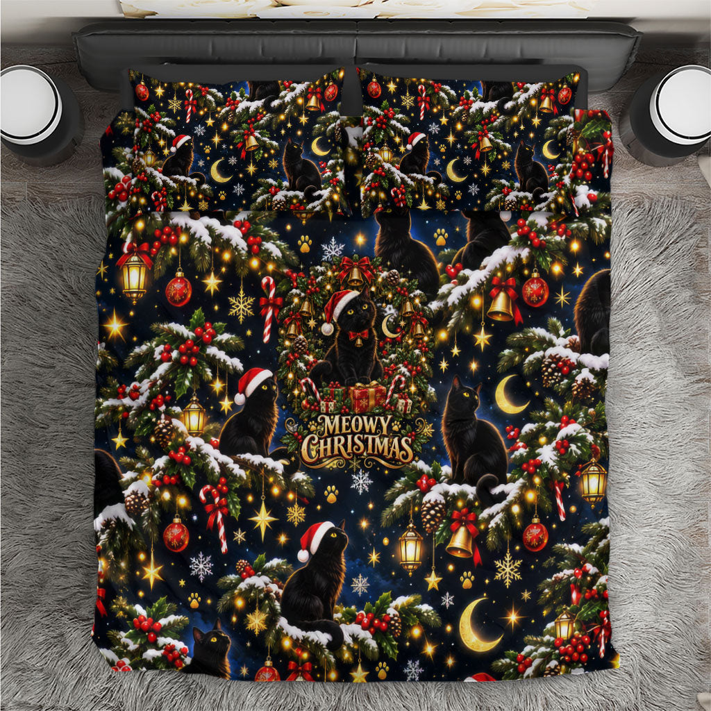 Black Cat Meowy Christmas Bedding Set Festive Night Tree Snow Stars Holiday Pattern Art