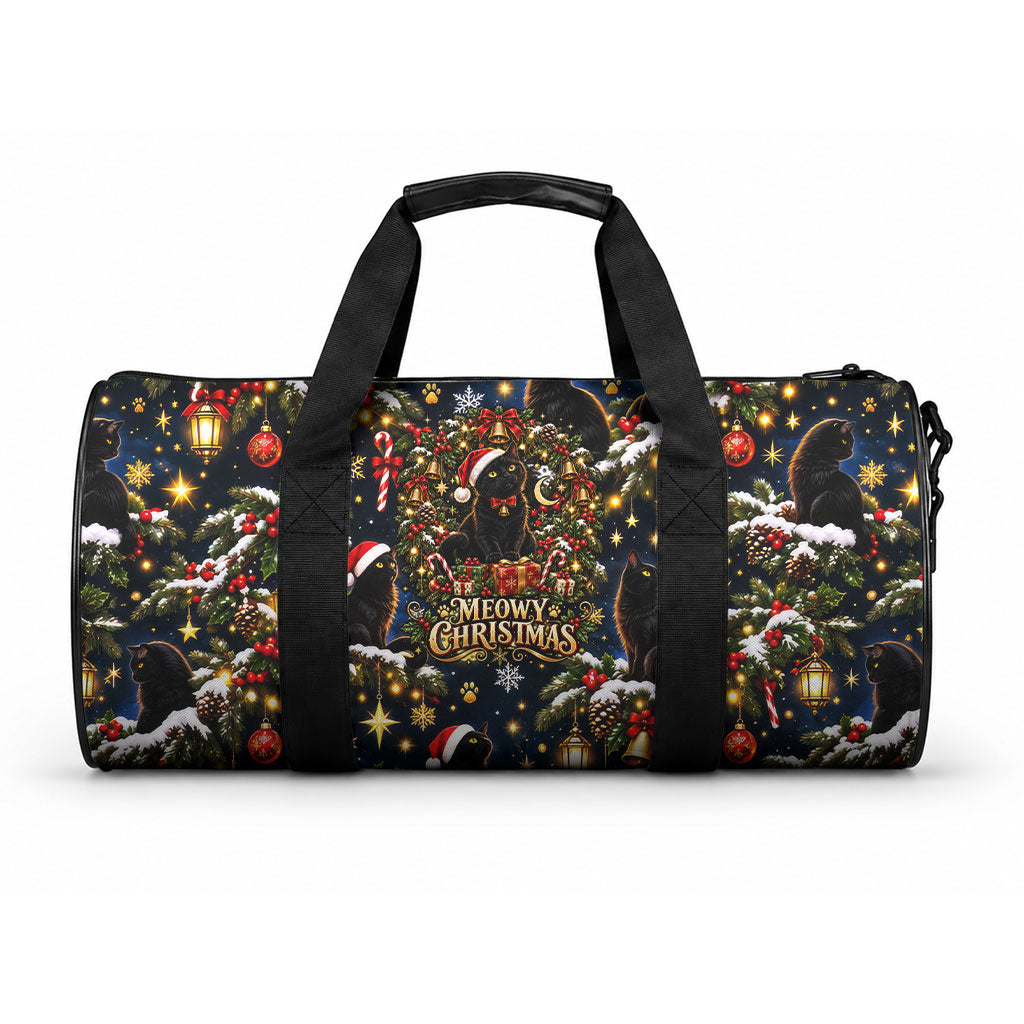 Black Cat Meowy Christmas Duffle Bag Festive Night Tree Snow Stars Holiday Pattern Art