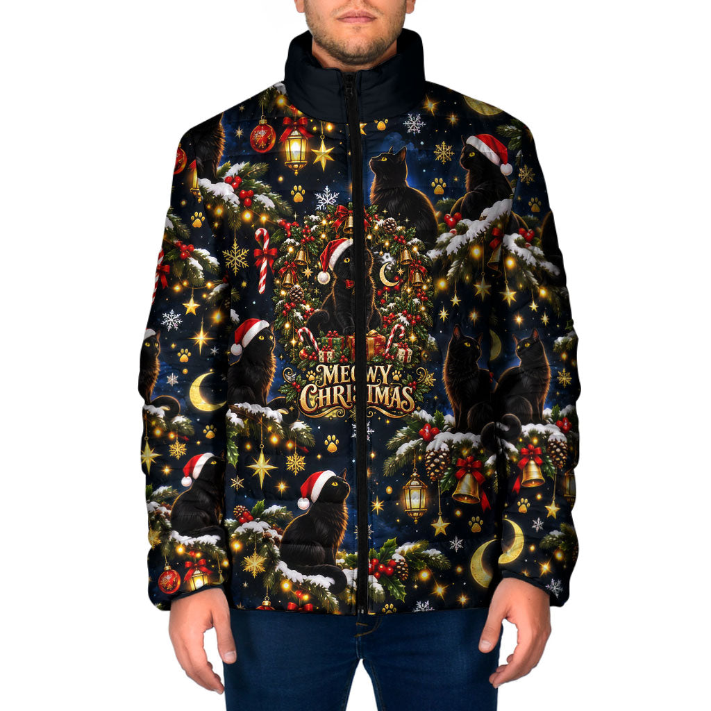 Black Cat Meowy Christmas Padded Jacket Festive Night Tree Snow Stars Holiday Pattern Art
