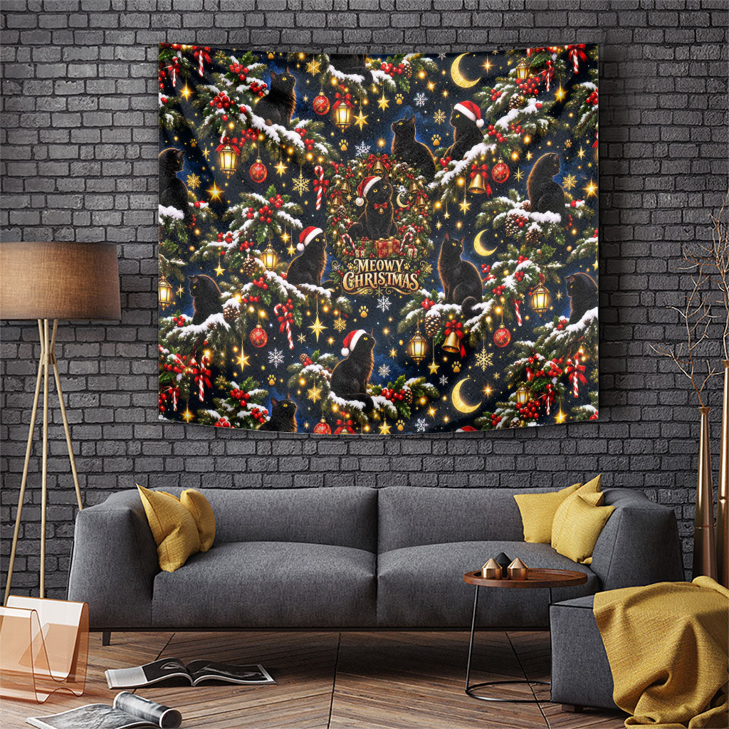 Black Cat Meowy Christmas Tapestry Festive Night Tree Snow Stars Holiday Pattern Art