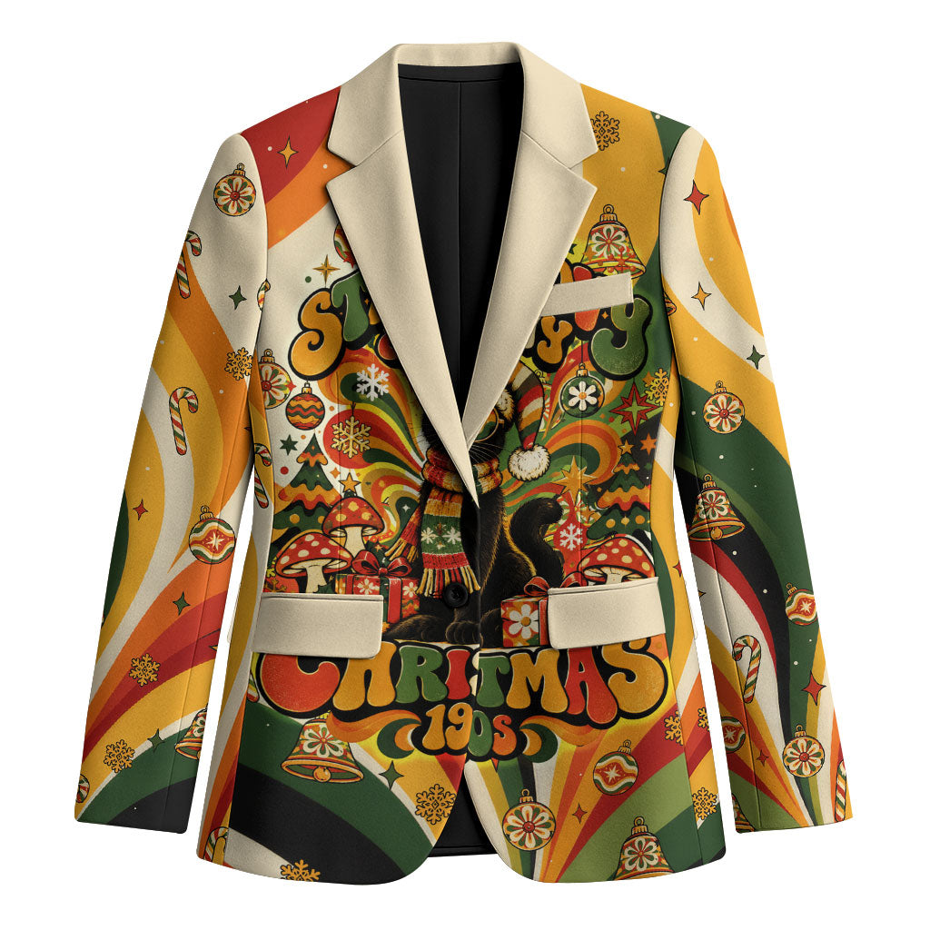 Black Cat Groovy Christmas Blazer Vintage 70s Retro Holiday Waves Pattern Art