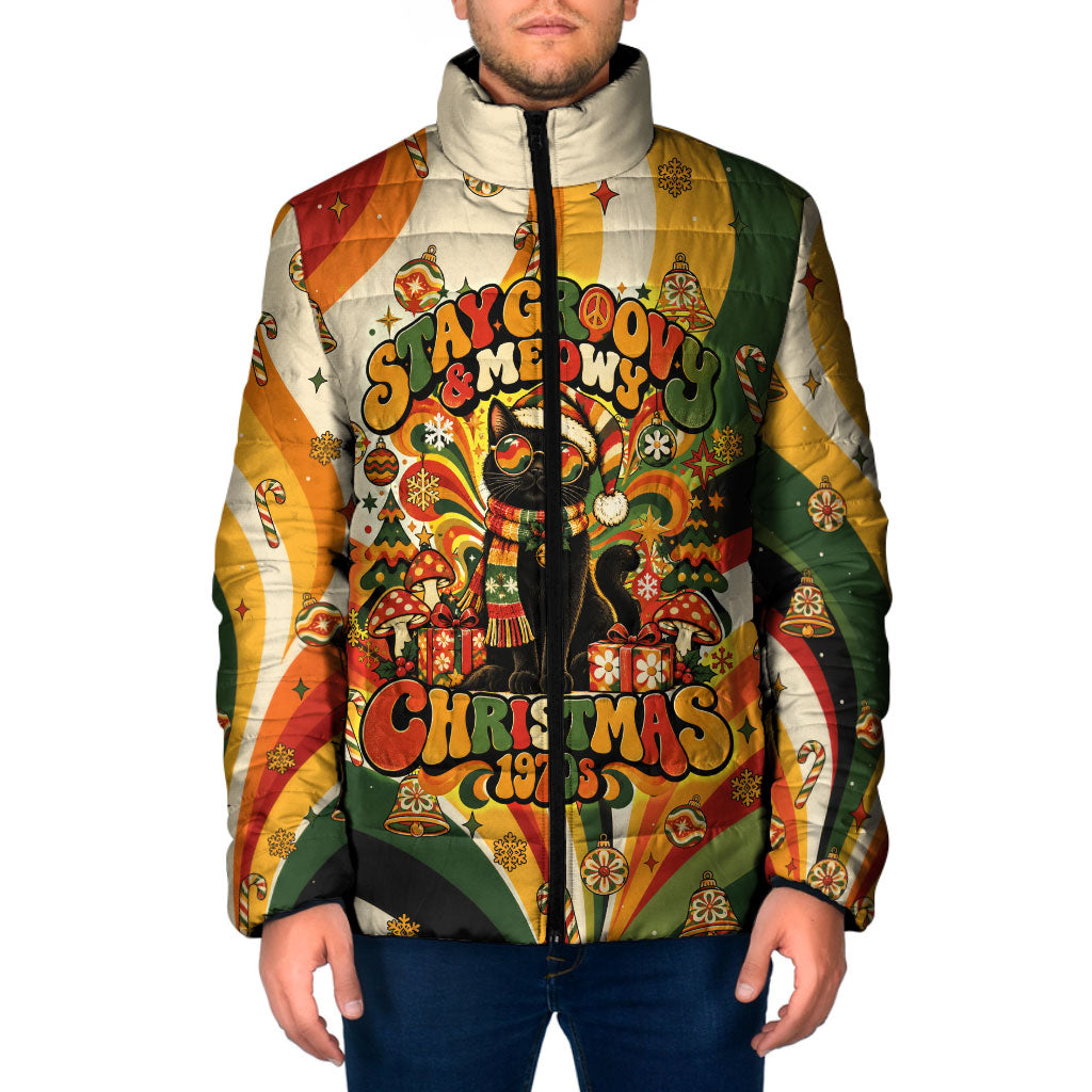 Black Cat Groovy Christmas Padded Jacket Vintage 70s Retro Holiday Waves Pattern Art