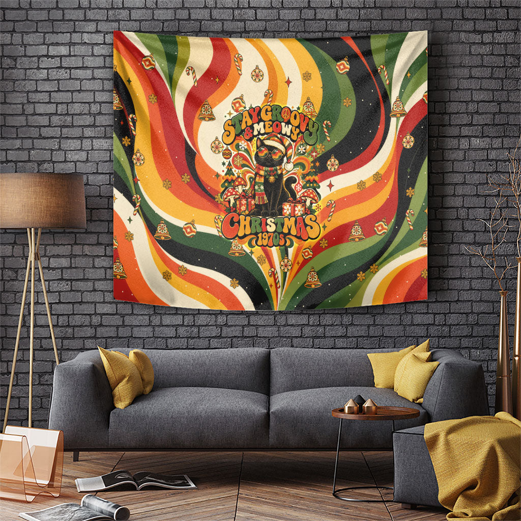 Black Cat Groovy Christmas Tapestry Vintage 70s Retro Holiday Waves Pattern Art