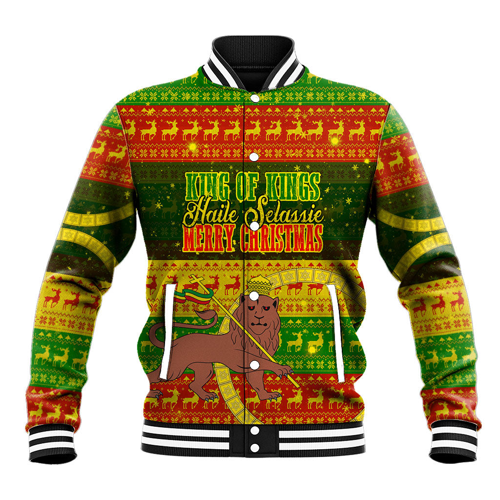 Ethiopia Haile Selassie Christmas Baseball Jacket King Of Kings Lion Of Judah Ugly Pattern Holiday