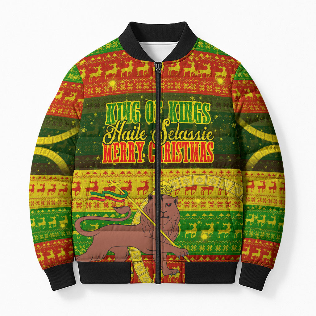 Ethiopia Haile Selassie Christmas Bomber Puffer Jacket King Of Kings Lion Of Judah Ugly Pattern Holiday