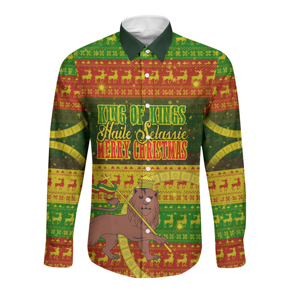 Ethiopia Haile Selassie Christmas Long Sleeve Button Shirt King Of Kings Lion Of Judah Ugly Pattern Holiday