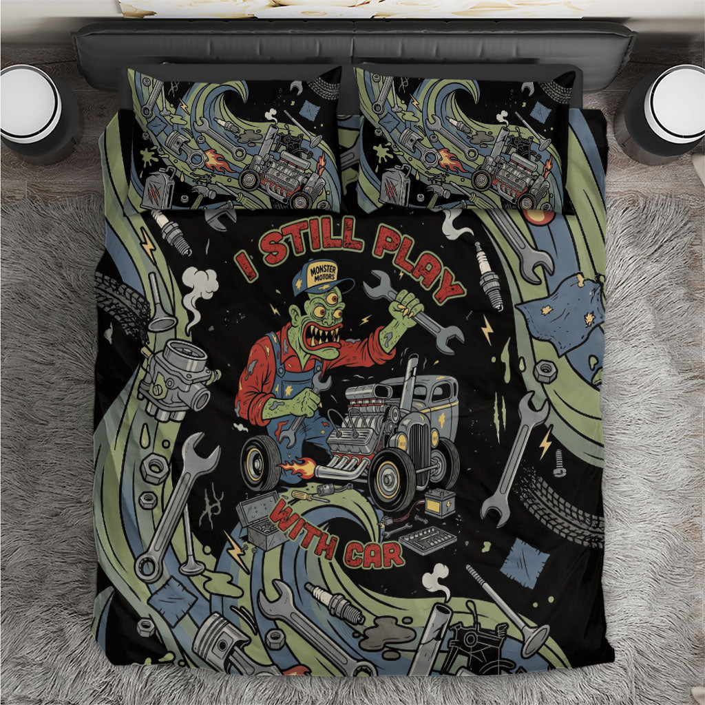 Mechanic Hot Rod Monster Motors Bedding Set Retro Zombie Mechanic Vintage Hot Rod Auto Tools Art