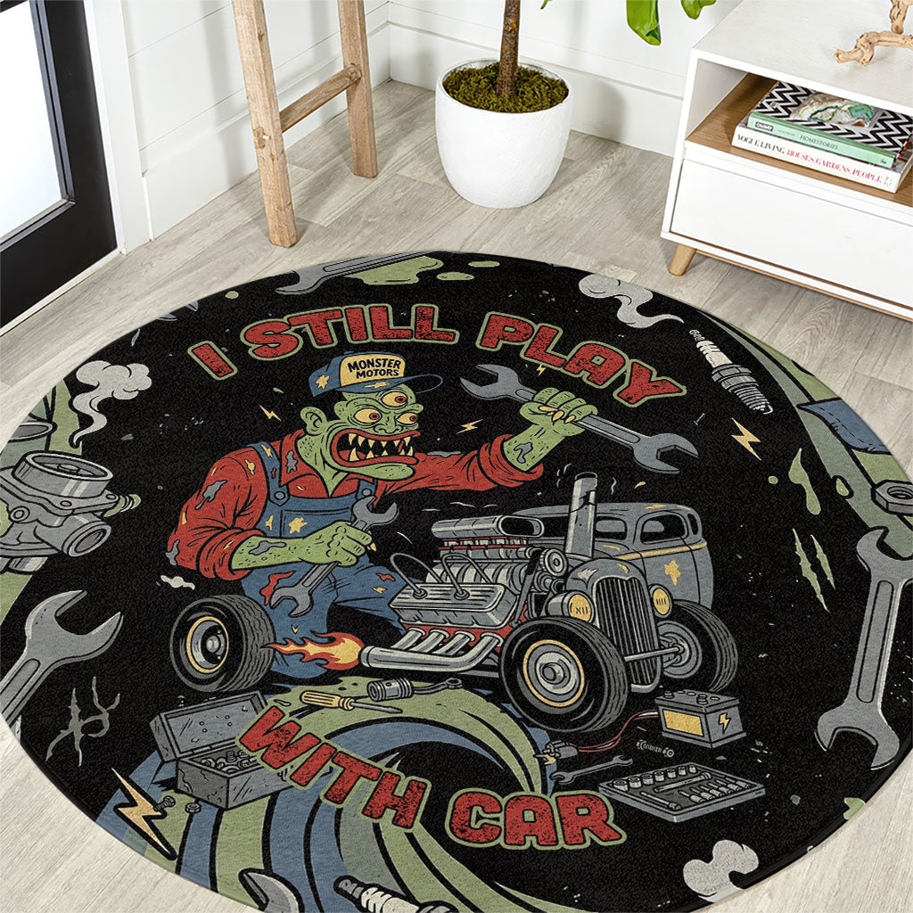 Mechanic Hot Rod Monster Motors Round Carpet Retro Zombie Mechanic Vintage Hot Rod Auto Tools Art