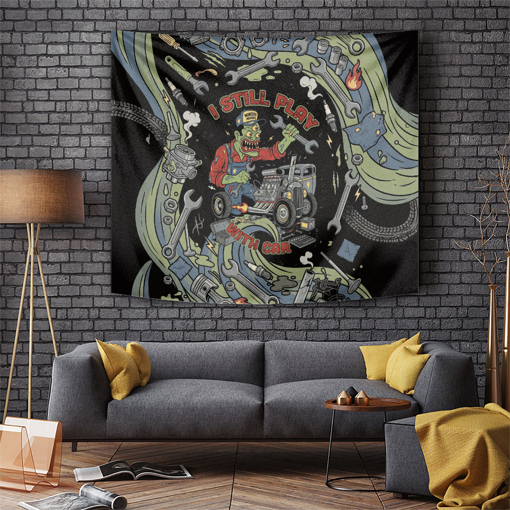 Mechanic Hot Rod Monster Motors Tapestry Retro Zombie Mechanic Vintage Hot Rod Auto Tools Art