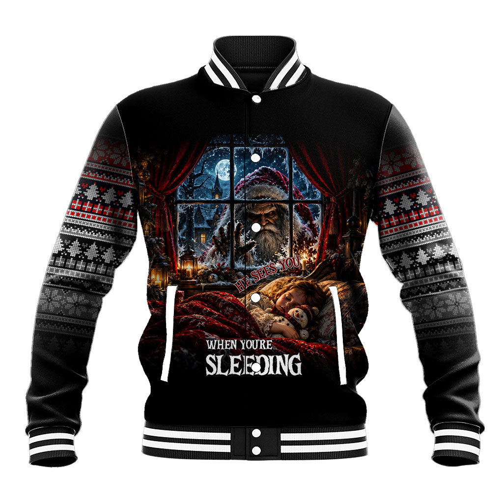 Hail Santa He Sees You When Youre Sleeping Baseball Jacket Christmas Gothic Horror Creepy Dark Fantasy Alternative
