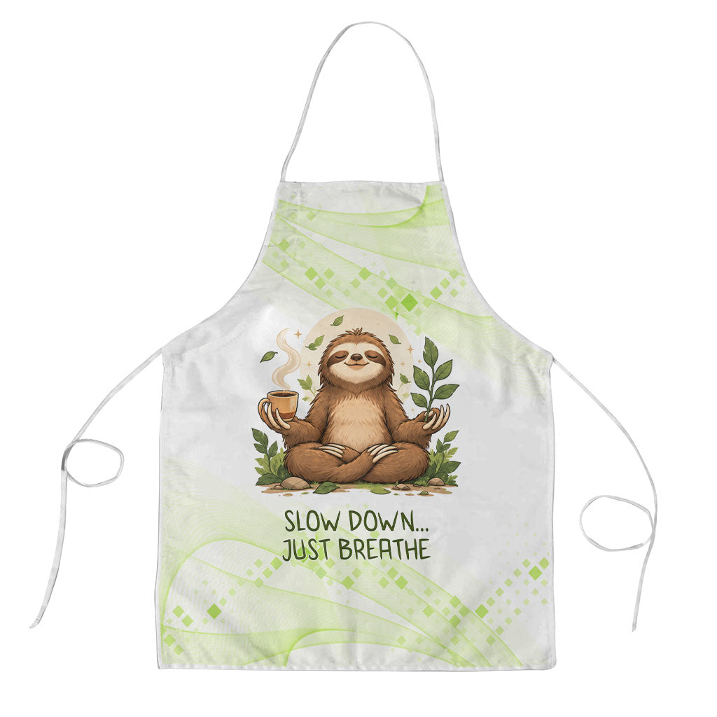Meditating Sloth Hermit Day Apron Just Breathe Mindfulness Coffee Animal