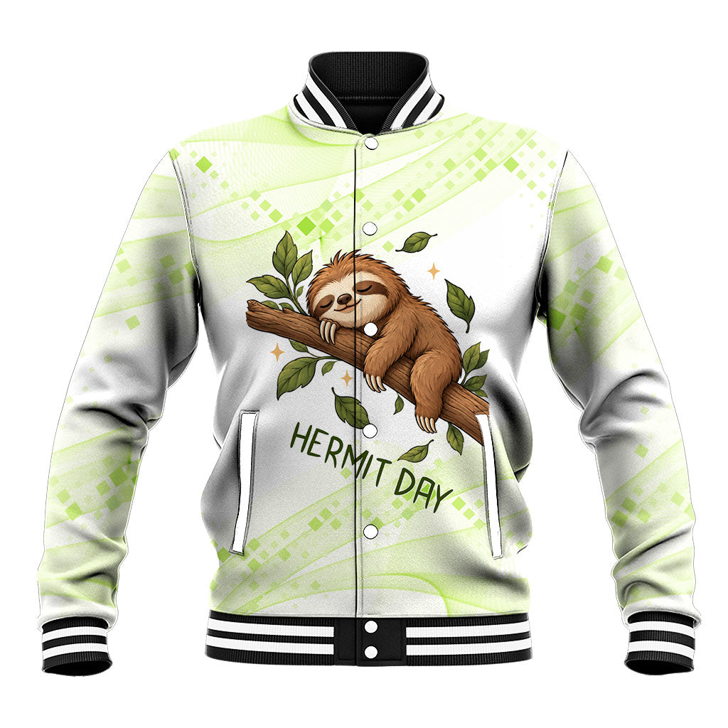 Meditating Sloth Hermit Day Baseball Jacket Just Breathe Mindfulness Coffee Animal
