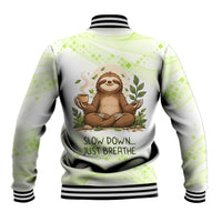 Meditating Sloth Hermit Day Baseball Jacket Just Breathe Mindfulness Coffee Animal