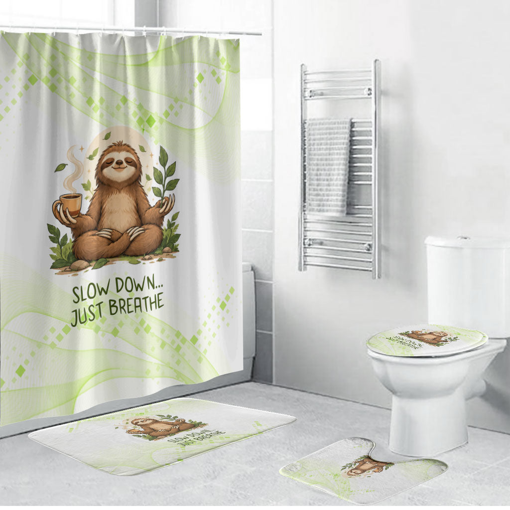 Meditating Sloth Hermit Day Bathroom Set Just Breathe Mindfulness Coffee Animal