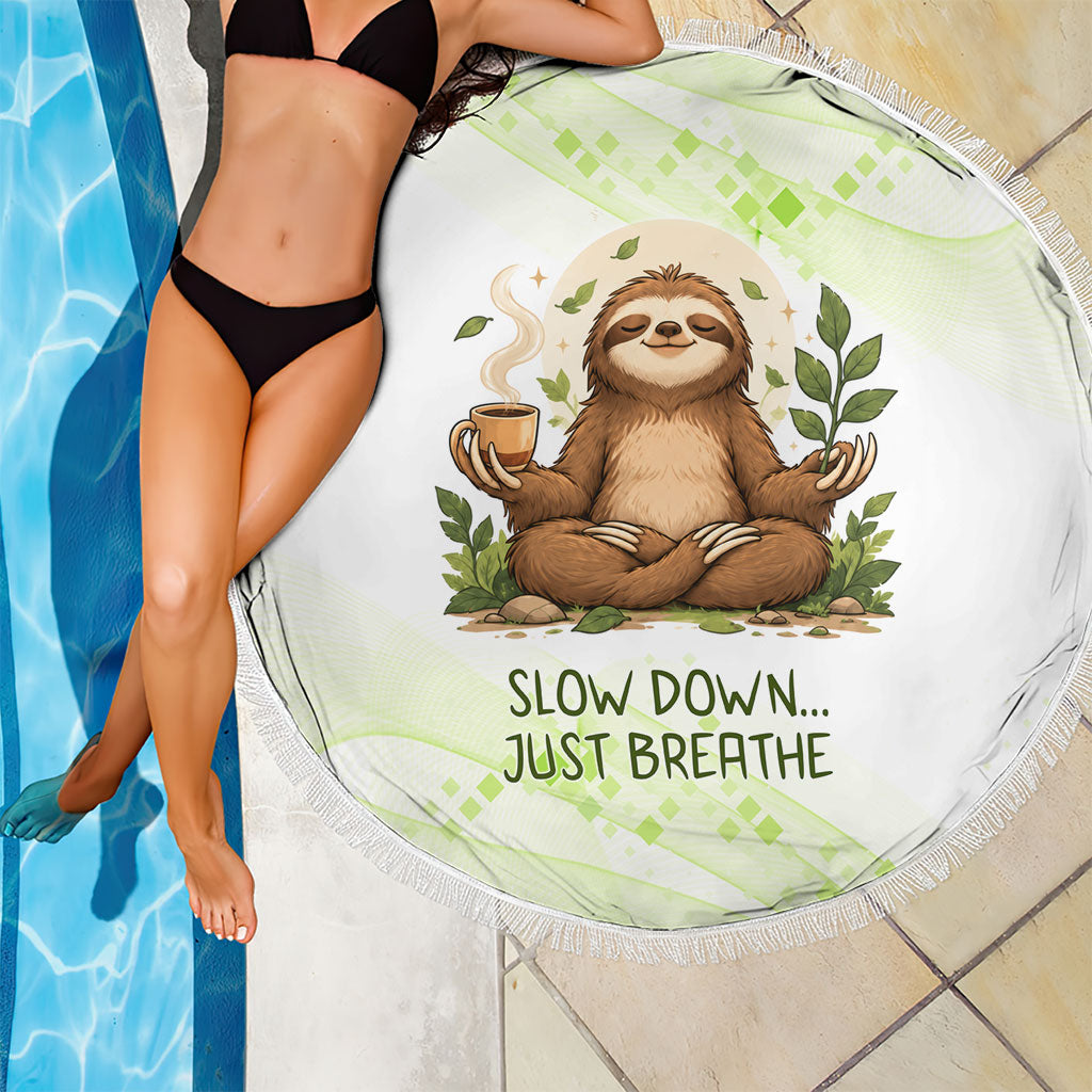 Meditating Sloth Hermit Day Beach Blanket Just Breathe Mindfulness Coffee Animal