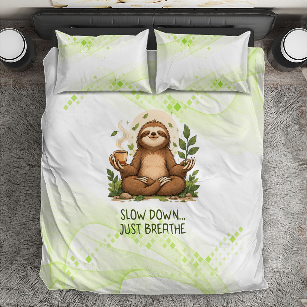Meditating Sloth Hermit Day Bedding Set Just Breathe Mindfulness Coffee Animal