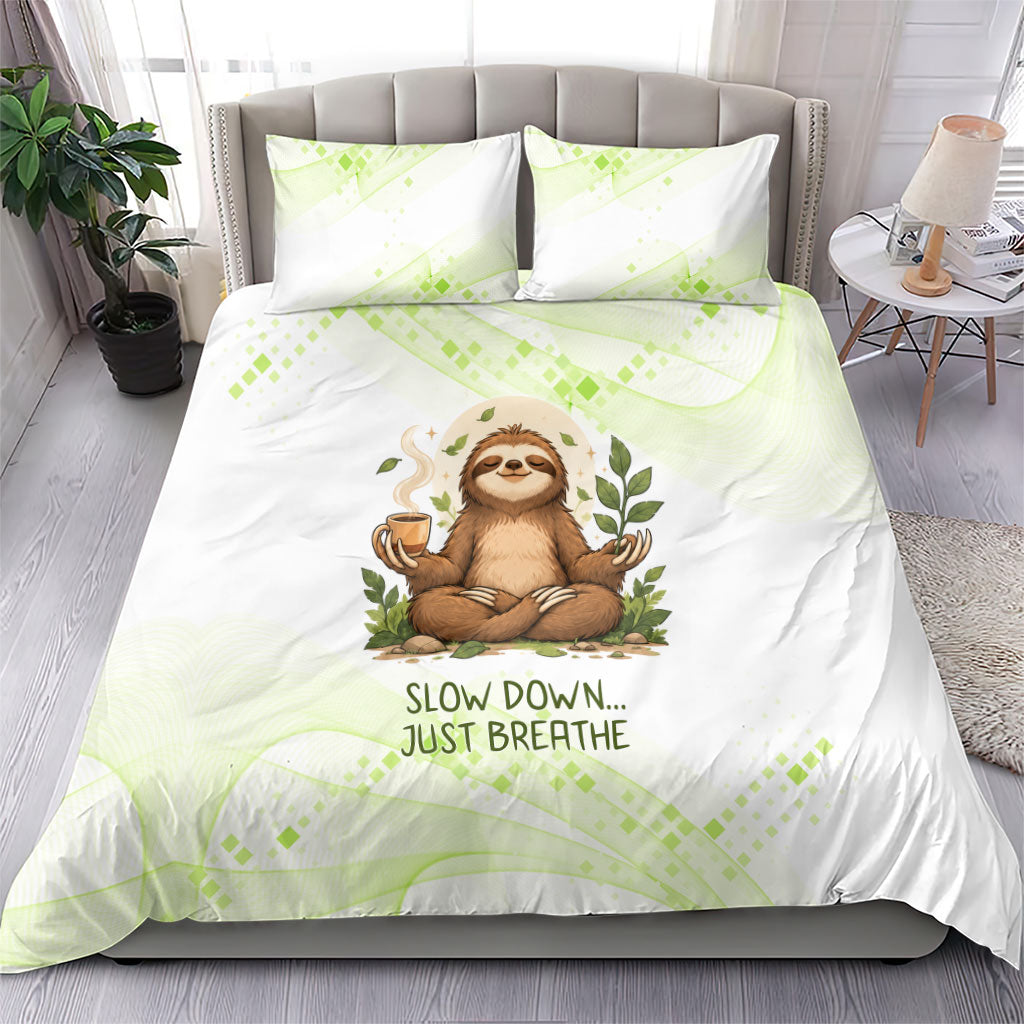 Meditating Sloth Hermit Day Bedding Set Just Breathe Mindfulness Coffee Animal