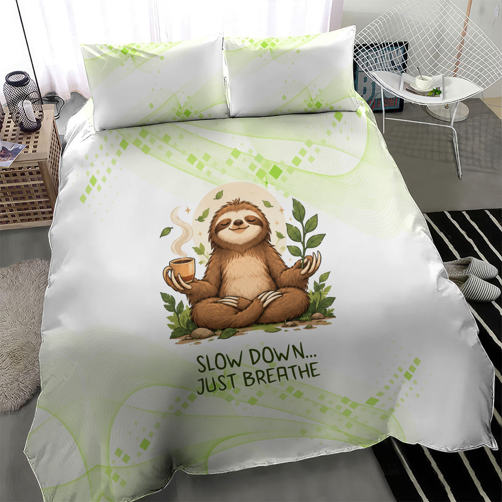 Meditating Sloth Hermit Day Bedding Set Just Breathe Mindfulness Coffee Animal