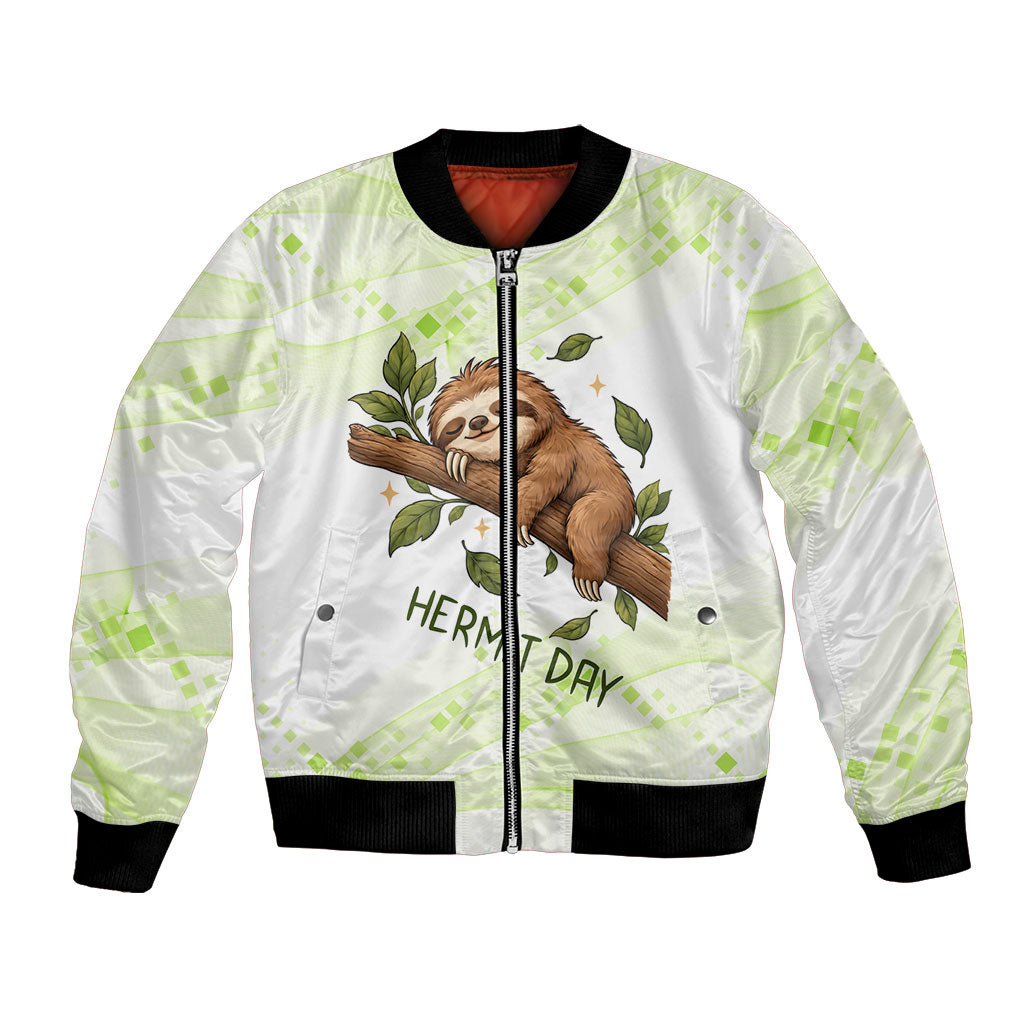 Meditating Sloth Hermit Day Bomber Jacket Just Breathe Mindfulness Coffee Animal
