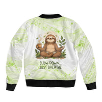 Meditating Sloth Hermit Day Bomber Jacket Just Breathe Mindfulness Coffee Animal