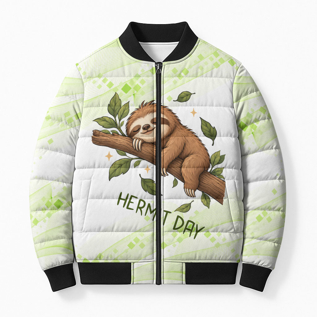 Meditating Sloth Hermit Day Bomber Puffer Jacket Just Breathe Mindfulness Coffee Animal