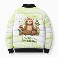 Meditating Sloth Hermit Day Bomber Puffer Jacket Just Breathe Mindfulness Coffee Animal