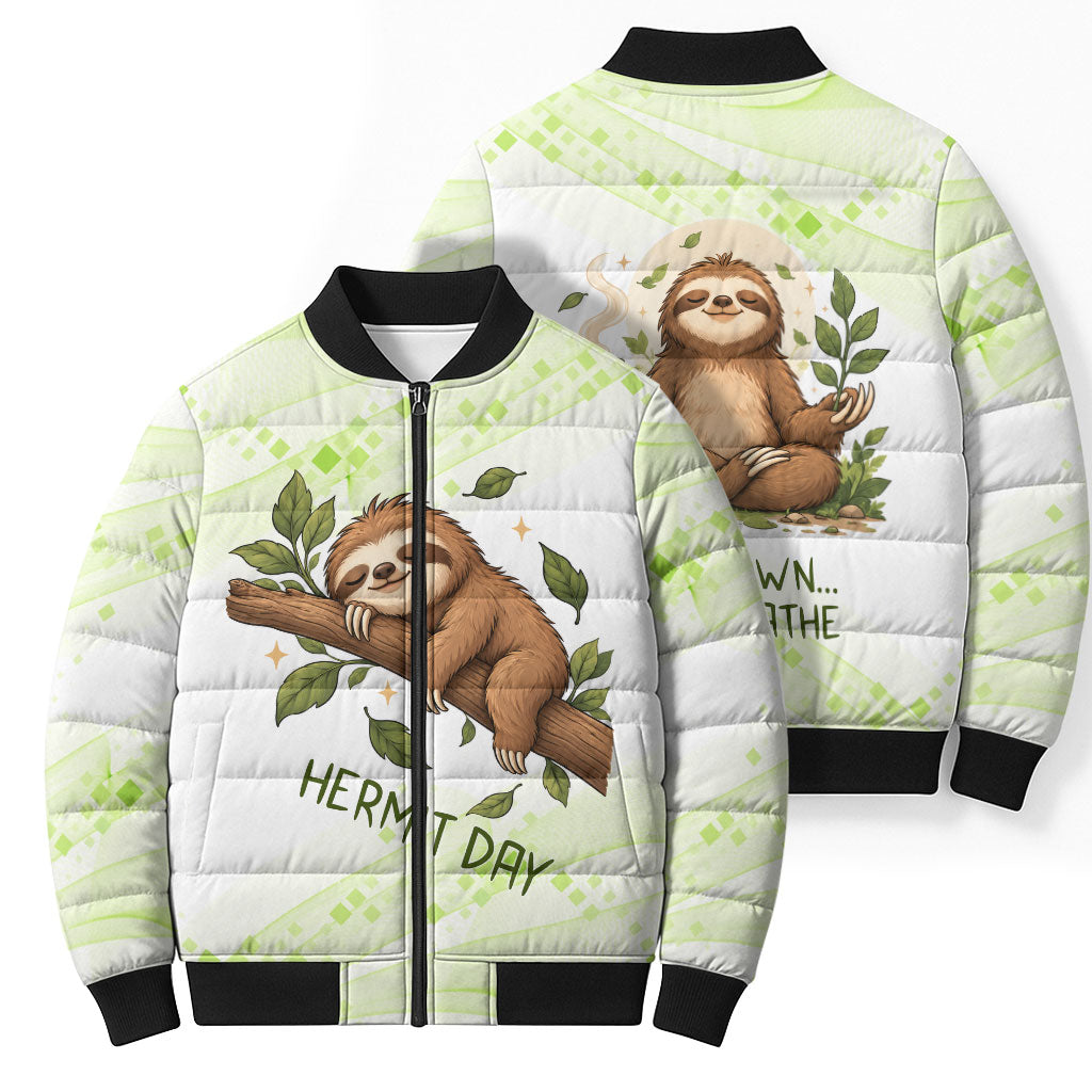 Meditating Sloth Hermit Day Bomber Puffer Jacket Just Breathe Mindfulness Coffee Animal