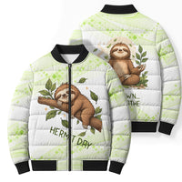 Meditating Sloth Hermit Day Bomber Puffer Jacket Just Breathe Mindfulness Coffee Animal