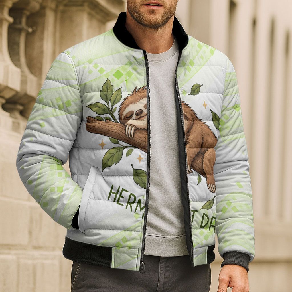 Meditating Sloth Hermit Day Bomber Puffer Jacket Just Breathe Mindfulness Coffee Animal