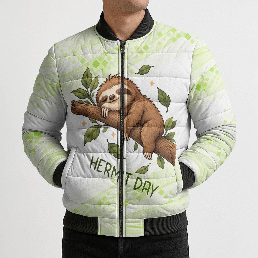 Meditating Sloth Hermit Day Bomber Puffer Jacket Just Breathe Mindfulness Coffee Animal
