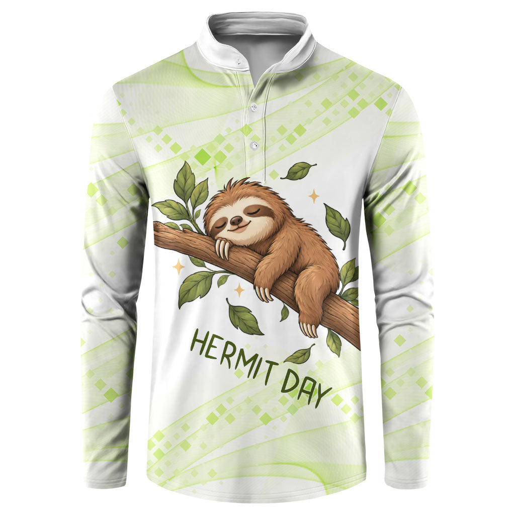 Meditating Sloth Hermit Day Button Sweatshirt Just Breathe Mindfulness Coffee Animal