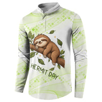 Meditating Sloth Hermit Day Button Sweatshirt Just Breathe Mindfulness Coffee Animal