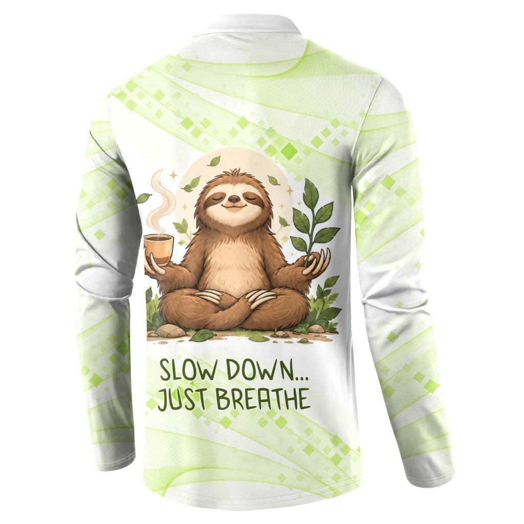Meditating Sloth Hermit Day Button Sweatshirt Just Breathe Mindfulness Coffee Animal