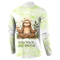 Meditating Sloth Hermit Day Button Sweatshirt Just Breathe Mindfulness Coffee Animal