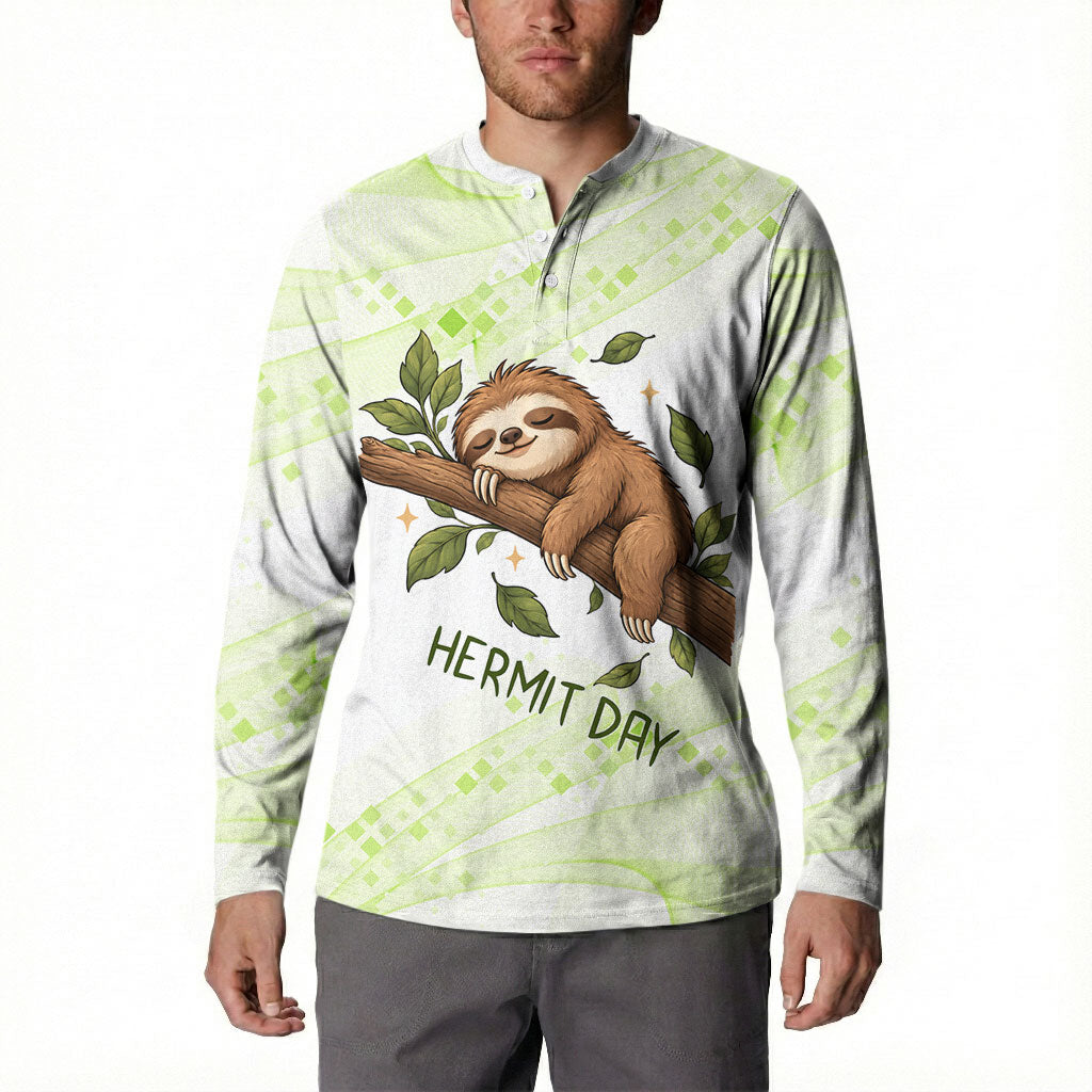 Meditating Sloth Hermit Day Button Sweatshirt Just Breathe Mindfulness Coffee Animal