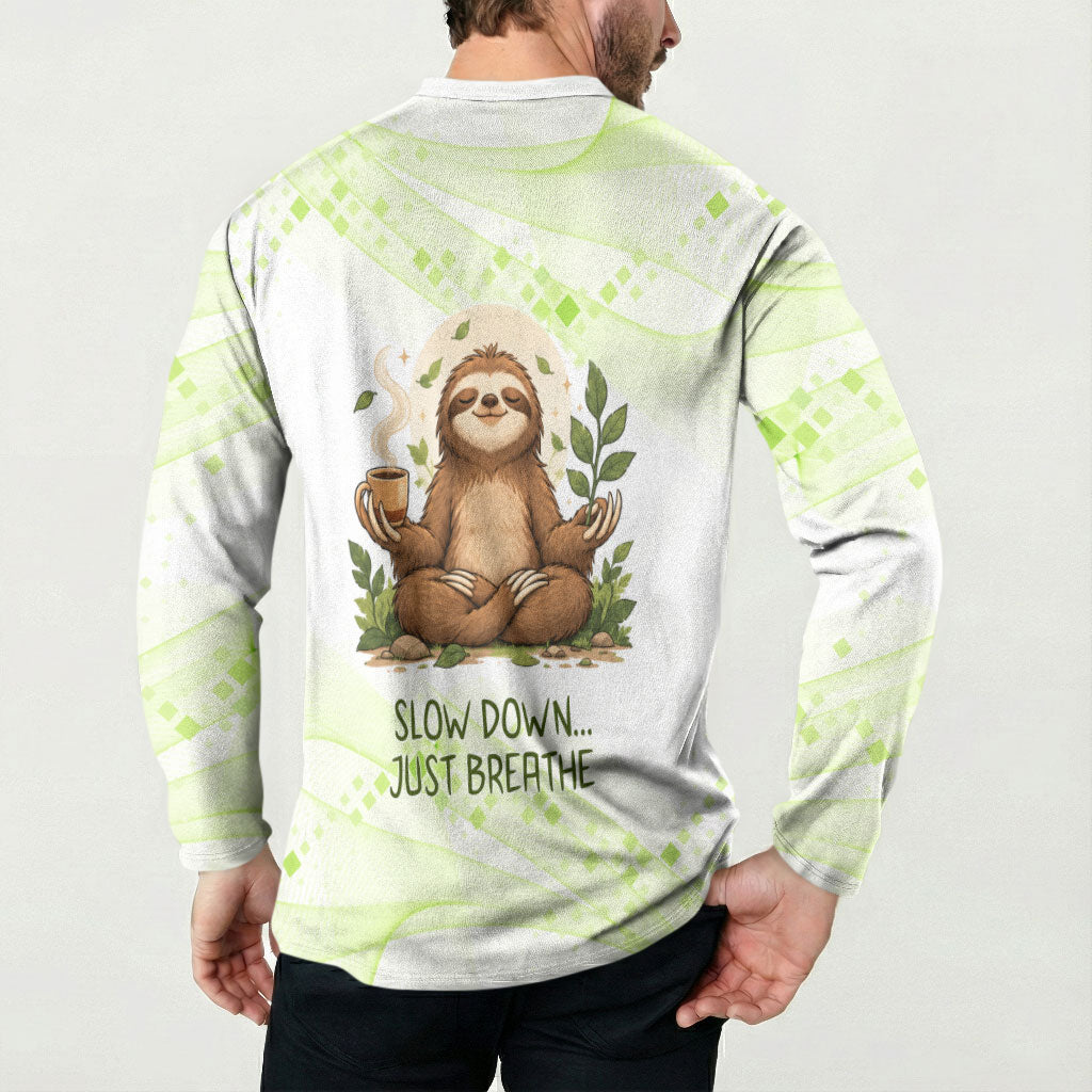 Meditating Sloth Hermit Day Button Sweatshirt Just Breathe Mindfulness Coffee Animal